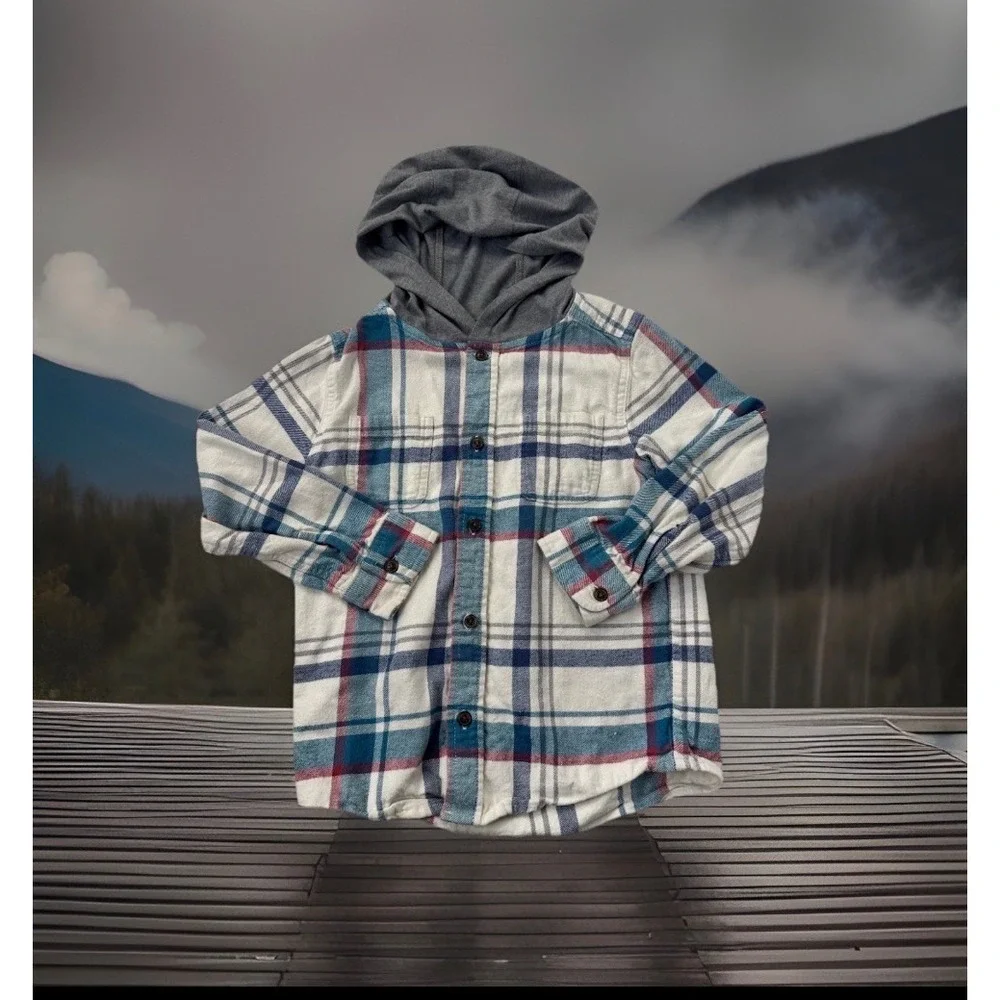 OshKosh Bgosh Boys Flannel Hooded‎ Shirt Plaid Blue White Red Size 8 8A 3R605710